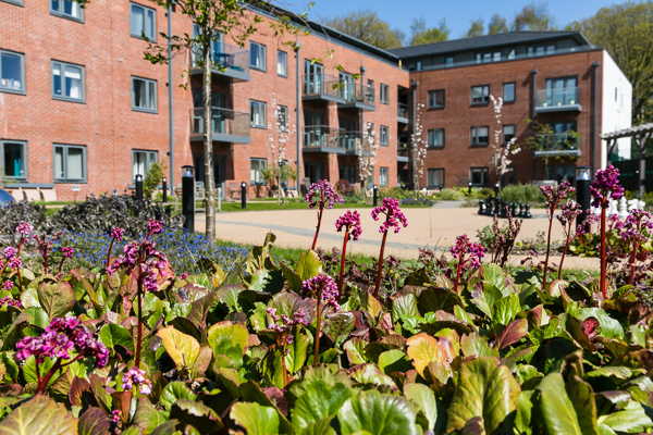 The exterior of Lady Ida Lodge with flowers bordering the path and external gardens