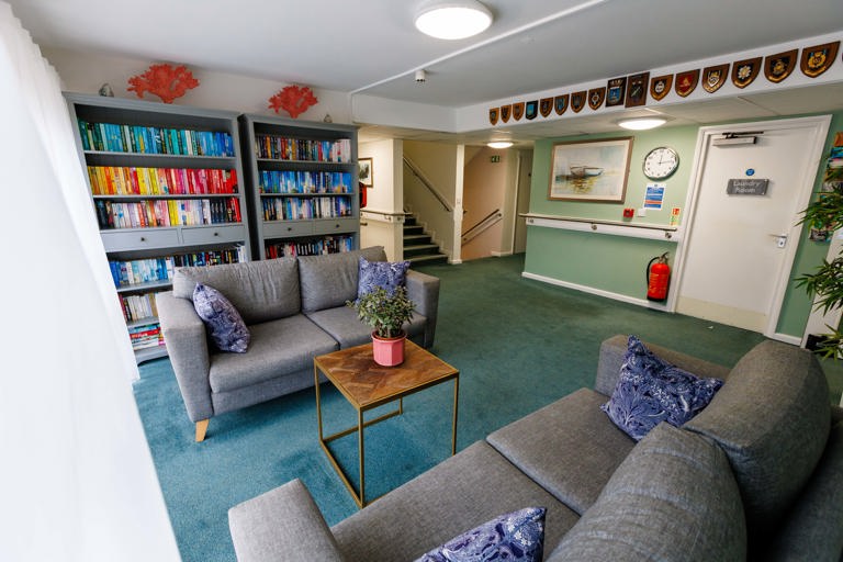 A communal space with two sofas and two large bookcases