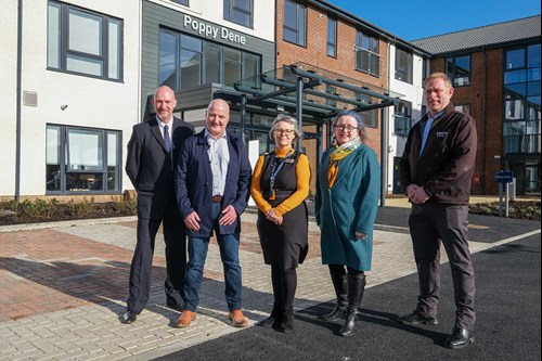 Andrew Mayfield, Design Manager at Vistry Partnerships North East; Cllr Paul Sexton from Durham County Council; Hilary Nicholson, Housing and Care Manager at Poppy Dene; Cllr Susan McDonnell from Durham County Council; Sean Nugent, Site Manager at Vistry Partnerships North East.