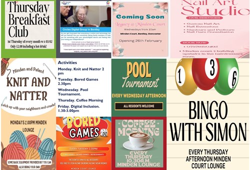 A poster which advertises the different activities at Minden Court such as Knit and Natter, Bingo, Coffee Morning, Breakfast Club and Pool Tournaments