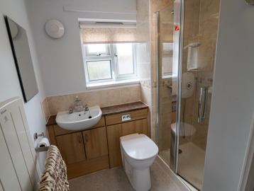 Accessible shower next to a white toilet and sink