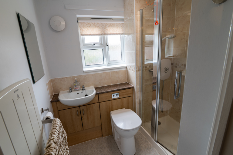 Accessible shower next to a white toilet and sink