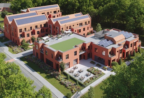 A CGI ariel shot of Bulmer House, a two and three storey development surrounded by gardens and trees