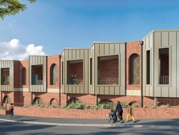CGI artist impression of the exterior of Housing 21's first cohousing scheme, Rupali Court in Birmingham. A multi-storey building with car park and communal gardens
