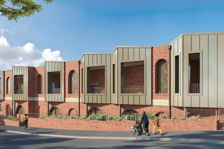 CGI artist impression of the exterior of Housing 21's first cohousing scheme, Rupali Court in Birmingham. A multi-storey building with car park and communal gardens