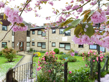 A pathway surrounded by lawn and colourful flowers leads to a two storey building