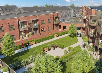 CGI artist impression of the exterior of Housing 21's first cohousing scheme, Rupali Court in Birmingham. A multi-storey building with car park and communal gardens