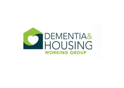 White, blue and green logo for the Dementia and Housing Working Group DHWG
