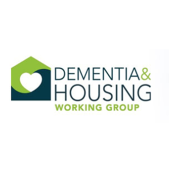 White, blue and green logo for the Dementia and Housing Working Group DHWG