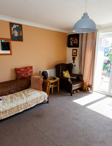 Bright living room with leather sofa, cushions and artwork, featuring sliding doors that lead to the garden 
