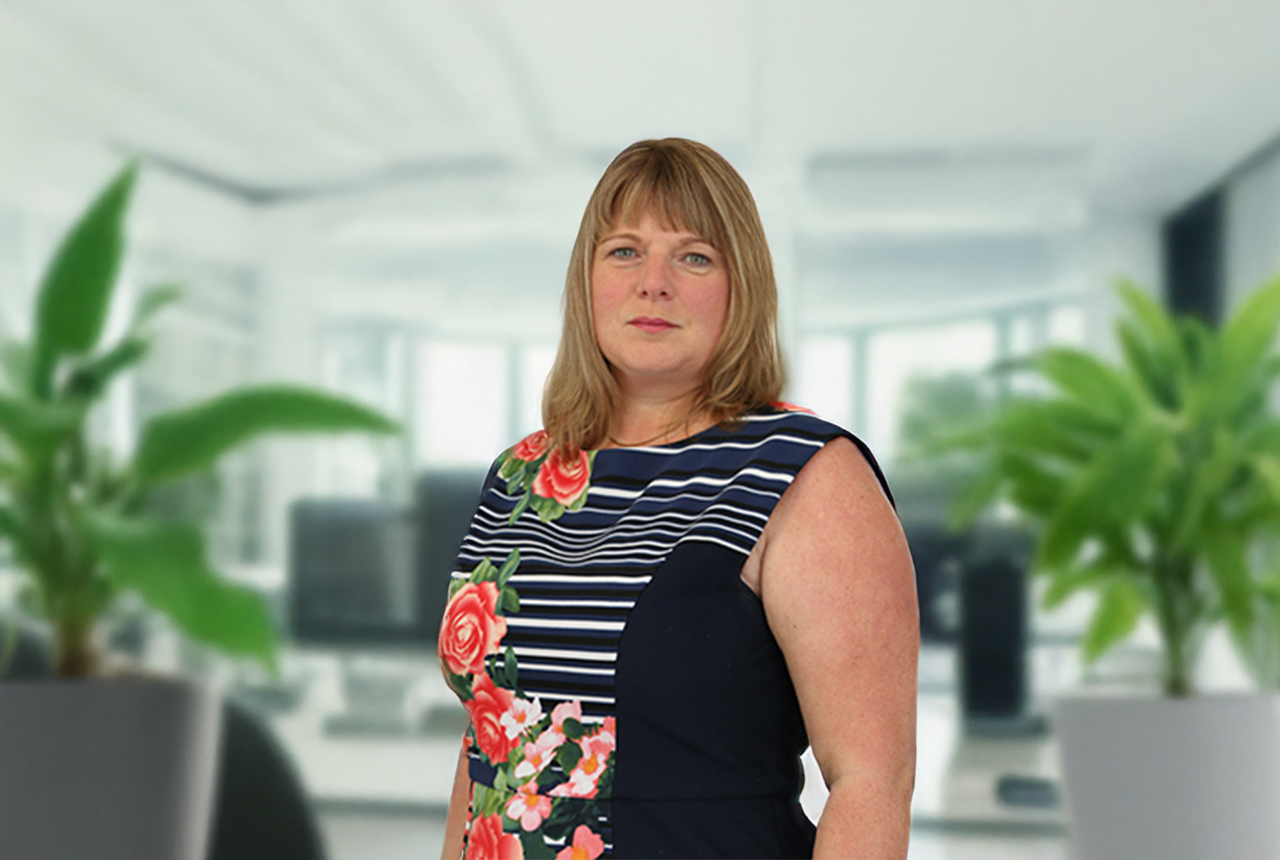 Lady in a floral and stripey dress