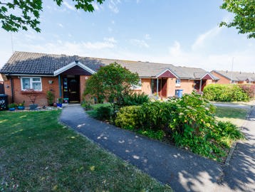 A row of bungalows set behind hedging with a footpath to the front