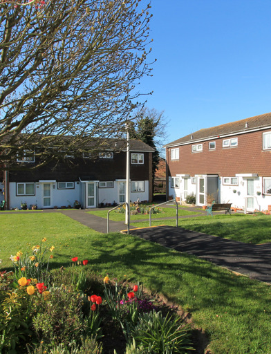 Large communal garden area to the front of the scheme with lawn, plants and trees 