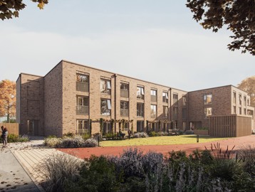 A CGI of the building of Tanners Court with a pathed walk way and grassed section with trees and plants around