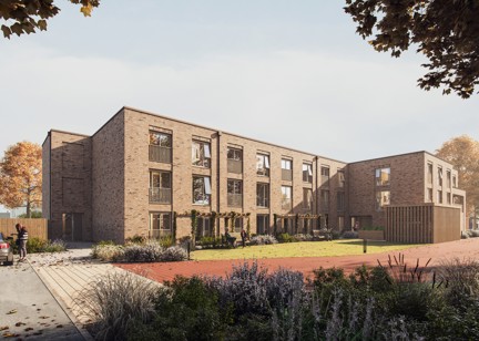 A CGI of the building of Tanners Court with a pathed walk way and grassed section with trees and plants around