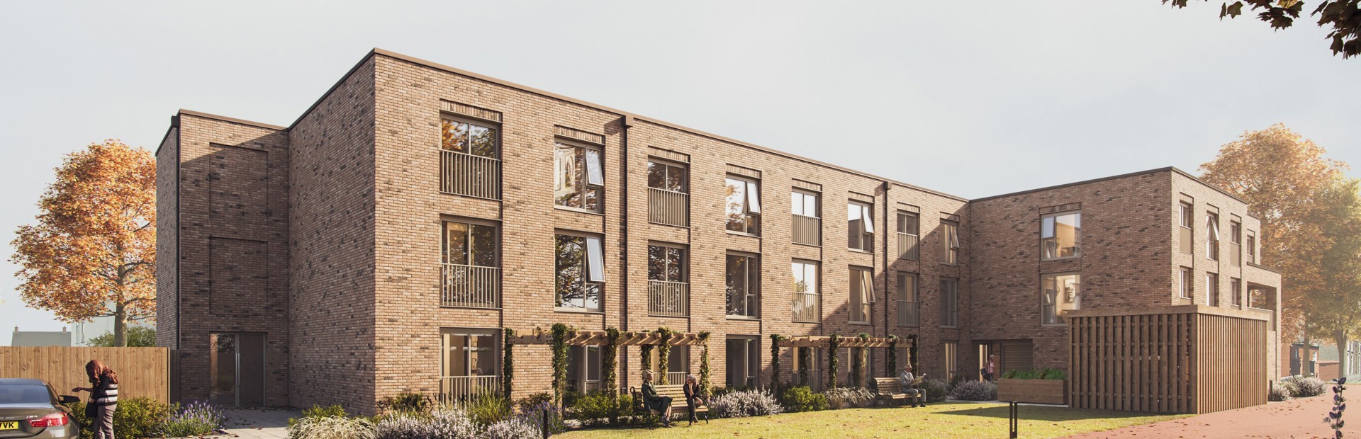 A CGI of the building of Tanners Court with a pathed walk way and grassed section with trees and plants around
