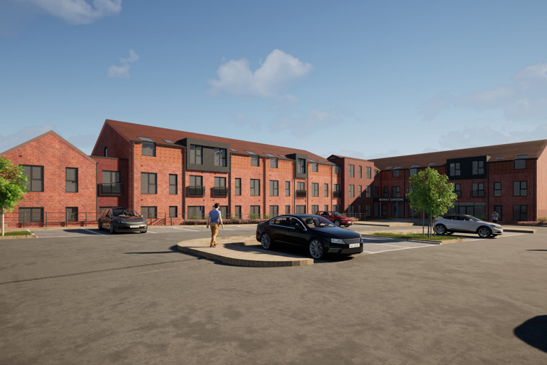 A CGI of the whole outer building of Mowat Gardens