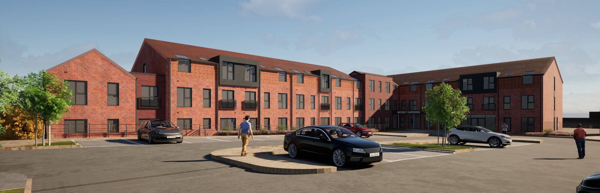 A CGI of the whole outer building of Mowat Gardens