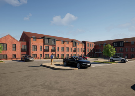 A CGI of the whole outer building of Mowat Gardens