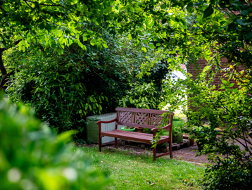 Brown bench situated in a peaceful garden