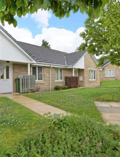 Grassed areas and pathways leading to the front of the bungalows 