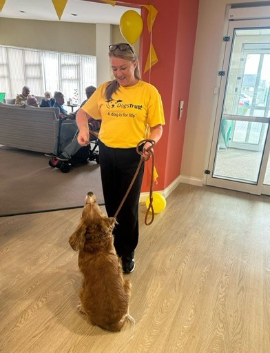 Gildacre Fields care manager with a golden dog sitting 