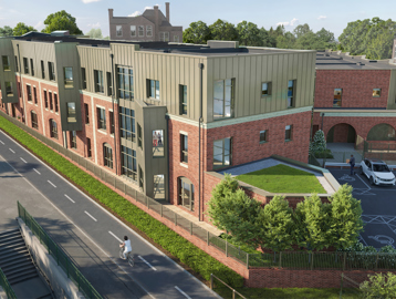 CGI artist impression of the exterior of Housing 21's first cohousing scheme, Rupali Court in Birmingham. A multi-storey building with car park and communal gardens