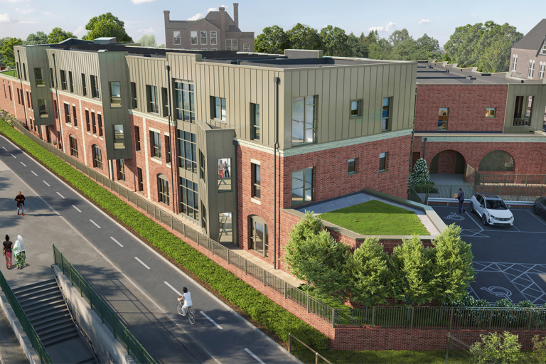 CGI artist impression of the exterior of Housing 21's first cohousing scheme, Rupali Court in Birmingham. A multi-storey building with car park and communal gardens