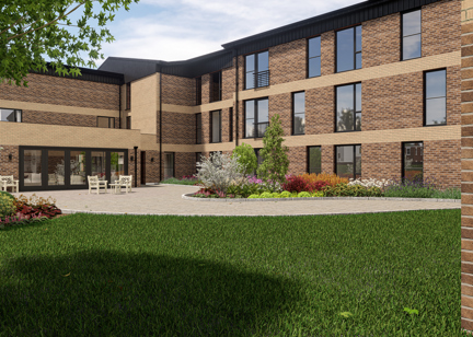 A CGI of the back of South Hayling Court, with a patio and garden featuring plants