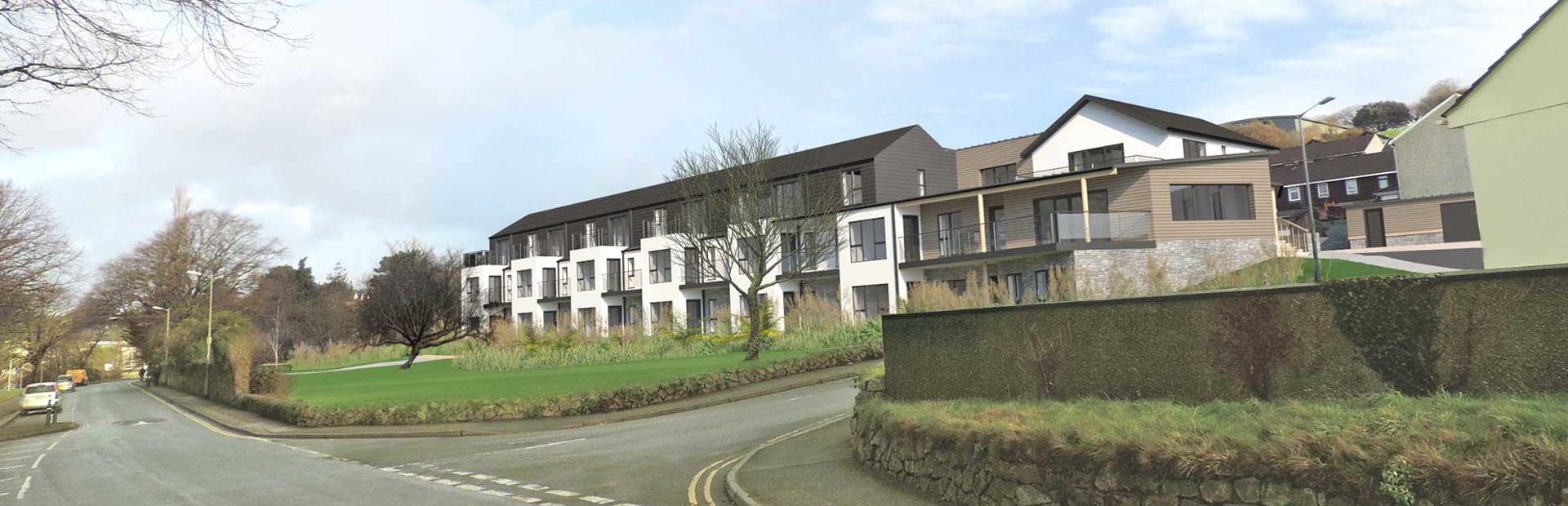 A CGI of Lowarth Morbies situated on the main road, showing the street entrance to the scheme with trees and greenery around