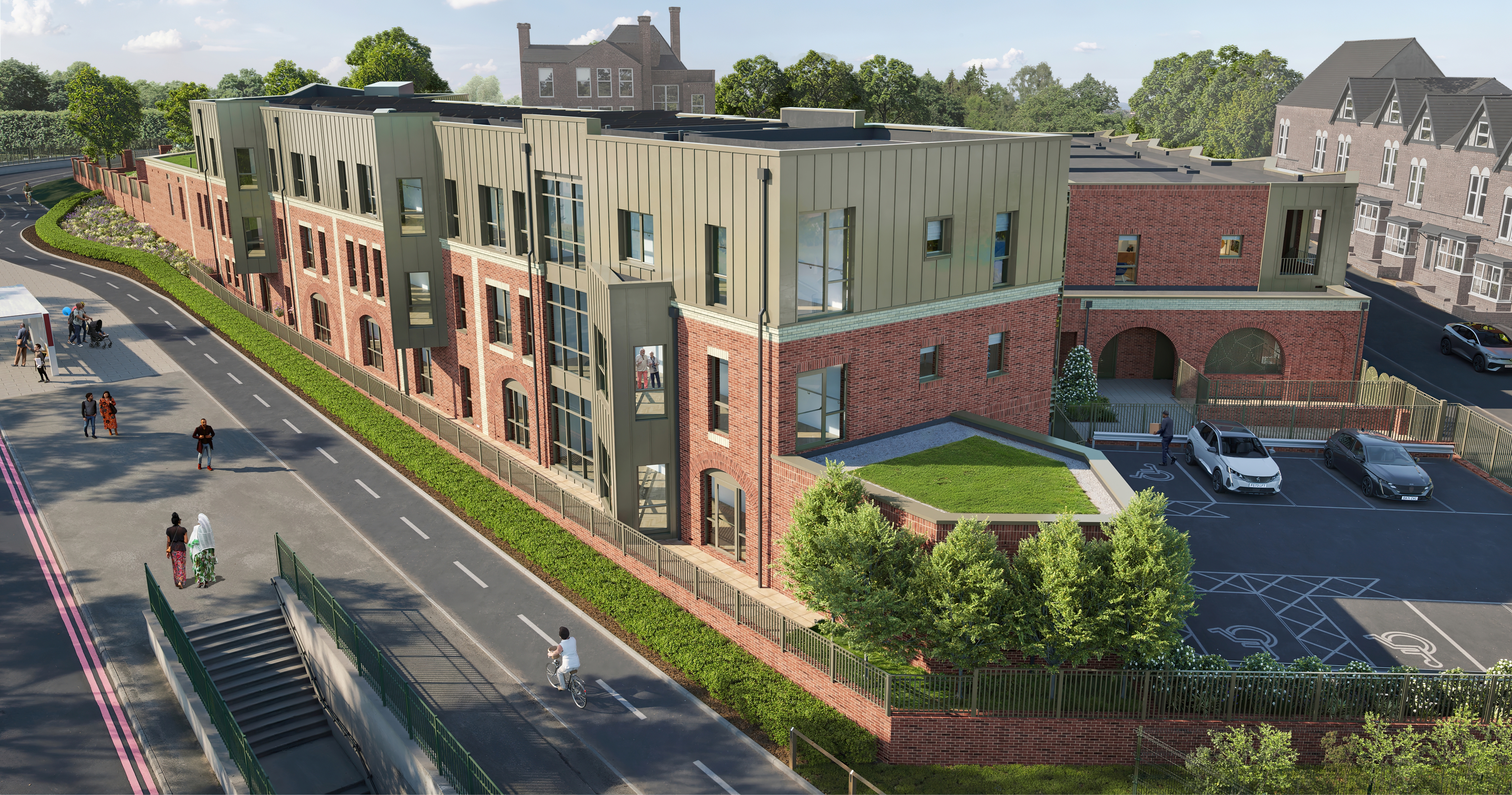 CGI artist impression of the exterior of Housing 21's first cohousing scheme, Rupali Court in Birmingham. A multi-storey building with car park and communal gardens
