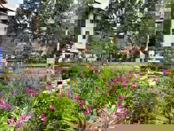 A close up photograph of the flowers and plants in the rear garden with water fountain and seating