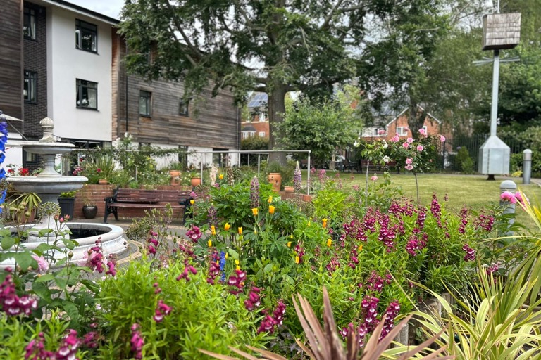 A close up photograph of the flowers and plants in the rear garden with water fountain and seating