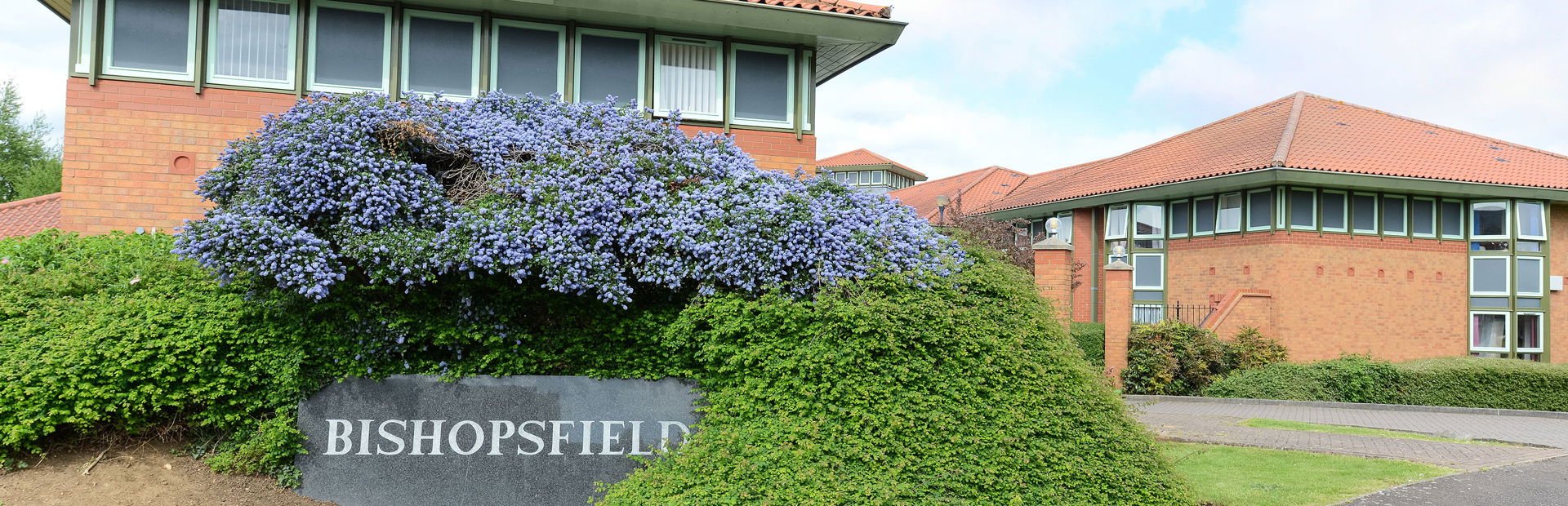 Large sign to the front of the scheme surrounded by flowers