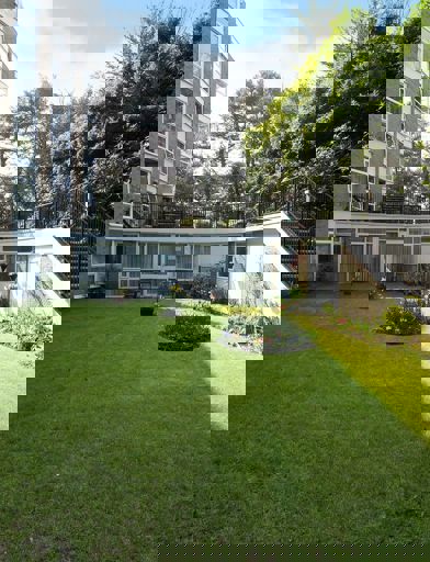 Large communal garden area with lawn, plants and steps up to patio area 