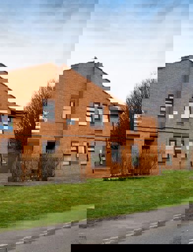 View of the scheme from the roadside with grass verge and trees