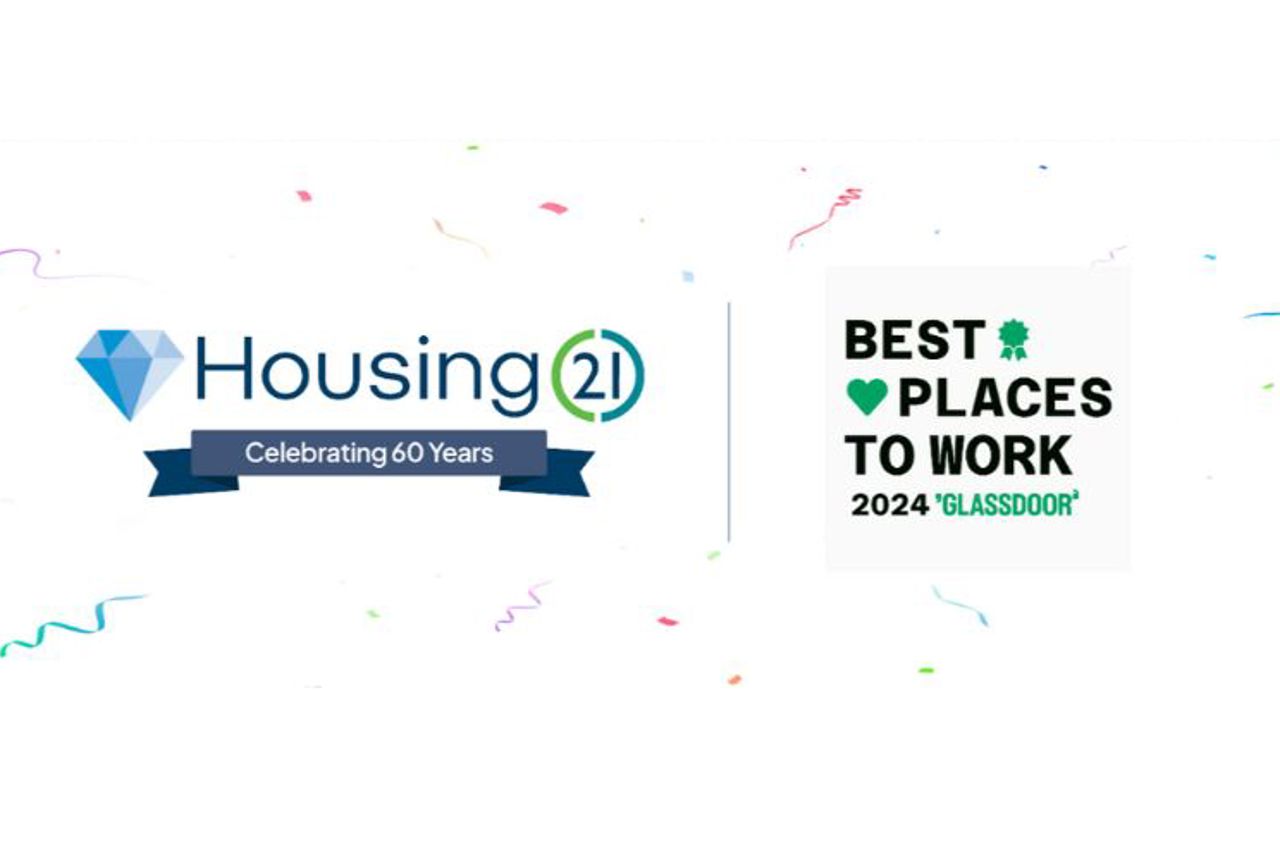 The Housing 21 diamond logo saying 'Celebrating 60 Years' next to the Glassdoor 'Best Places to Work 2024' logo with confetti in the background.