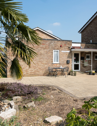Plants and a large tree set within a rockery area in front of the scheme entrance 