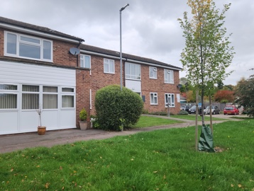A side view of the external Howard View, a tree in the garden and a red brick building with a series of windows