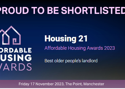Digital banner showing Housing 21 have been shortlisted as Best older people's landlord at the Affordable Housing Awards 2023.