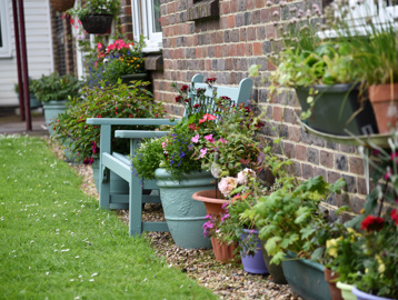 Close-up of plant pots and a bench in the communal garden