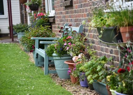 Close-up of plant pots and a bench in the communal garden