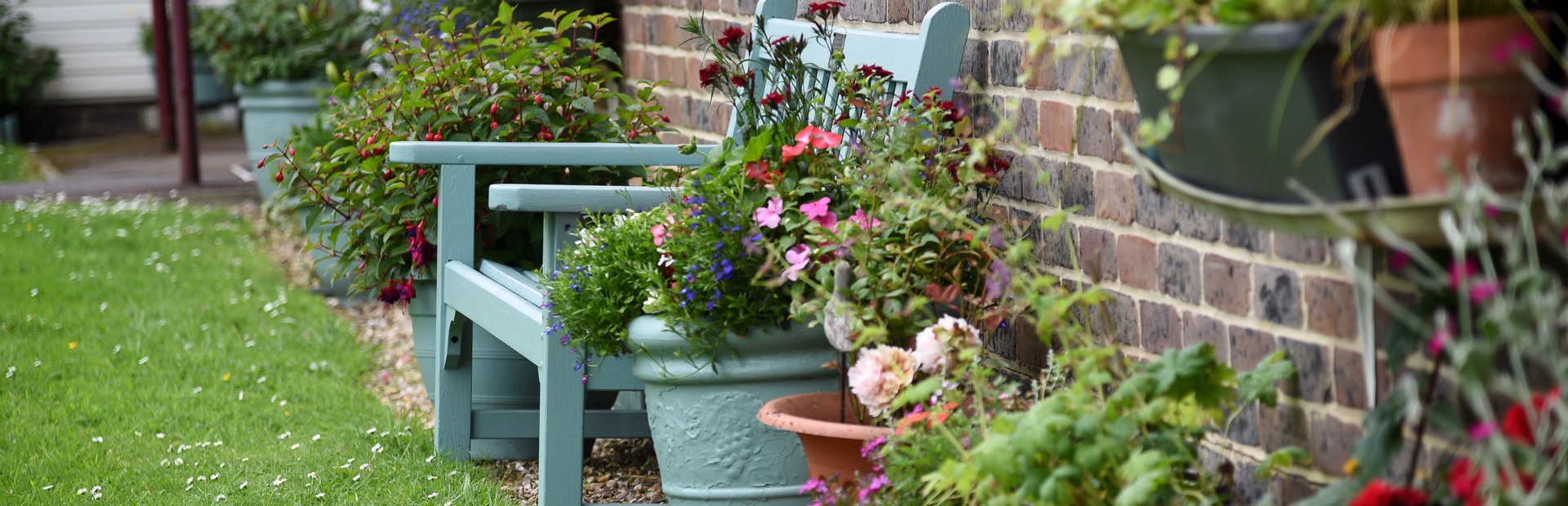 Close-up of plant pots and a bench in the communal garden