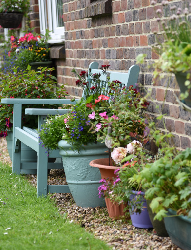 Close-up of plant pots and a bench in the communal garden