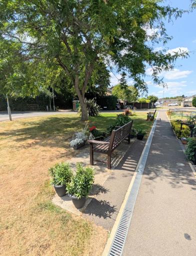 External shot of the gardens including a pathway, bench and trees 