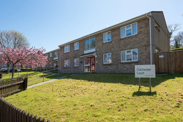 A path with handrail leading up to the main front door of the scheme with grassed areas either side