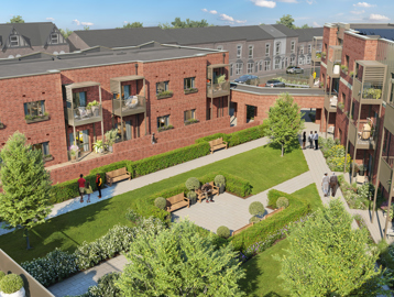 CGI artist impression of the exterior of Housing 21's first cohousing scheme, Rupali Court in Birmingham. A multi-storey building with car park and communal gardens