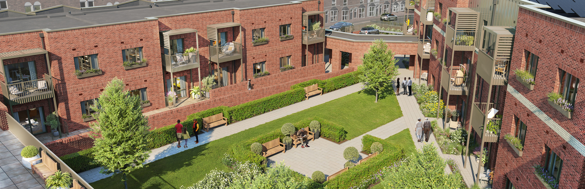 CGI artist impression of the exterior of Housing 21's first cohousing scheme, Rupali Court in Birmingham. A multi-storey building with car park and communal gardens