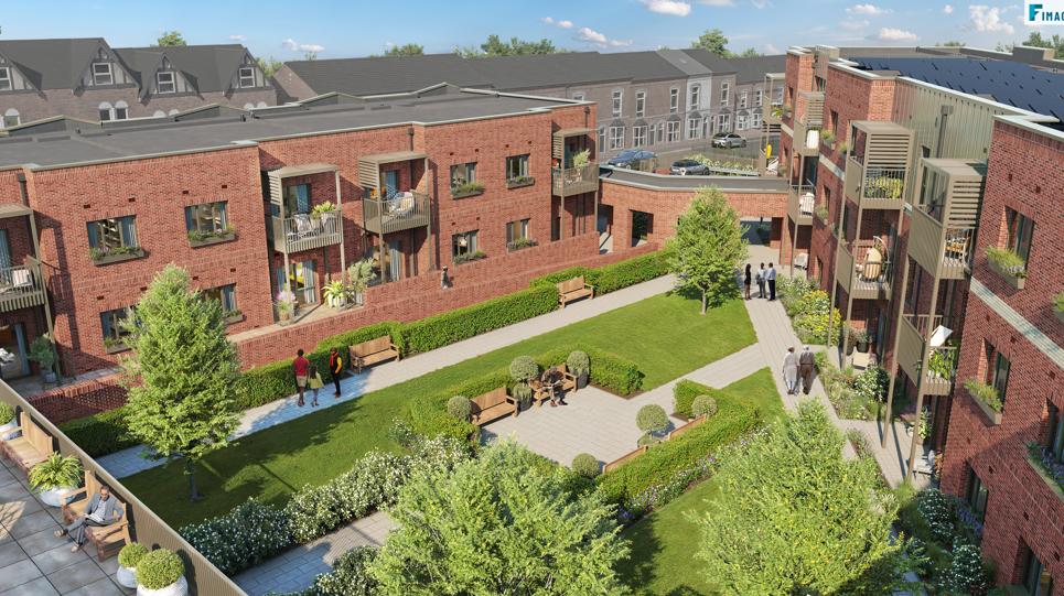 CGI artist impression of the exterior of Housing 21's first cohousing scheme, Rupali Court in Birmingham. A multi-storey building with car park and communal gardens