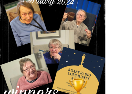 A collage of Housing 21 residents and the Koast Radio Community Awards logo with a trophy image, saying 'February 2024 winners'.